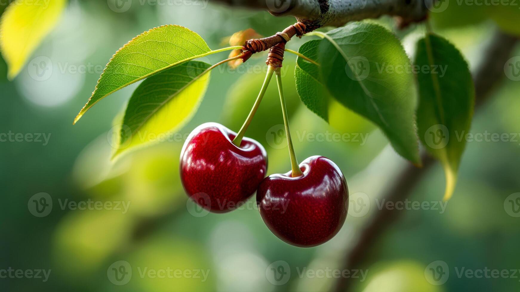 Red cherries hang from a green tree branch, surrounded by vibrant leaves, in a soft-focused orchard setting during late spring photo