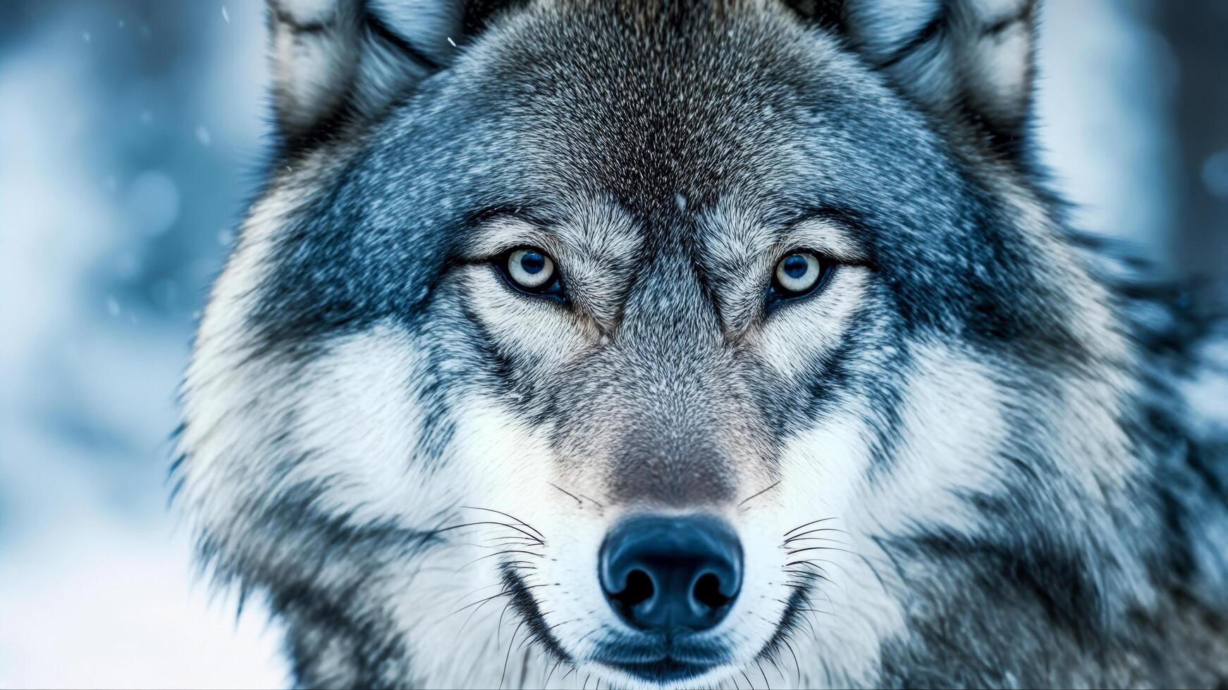 Majestic wolf gazing intensively in a snowy forest setting during twilight hours, showcasing striking blue eyes and detailed fur textures, capturing the essence of wild beauty photo