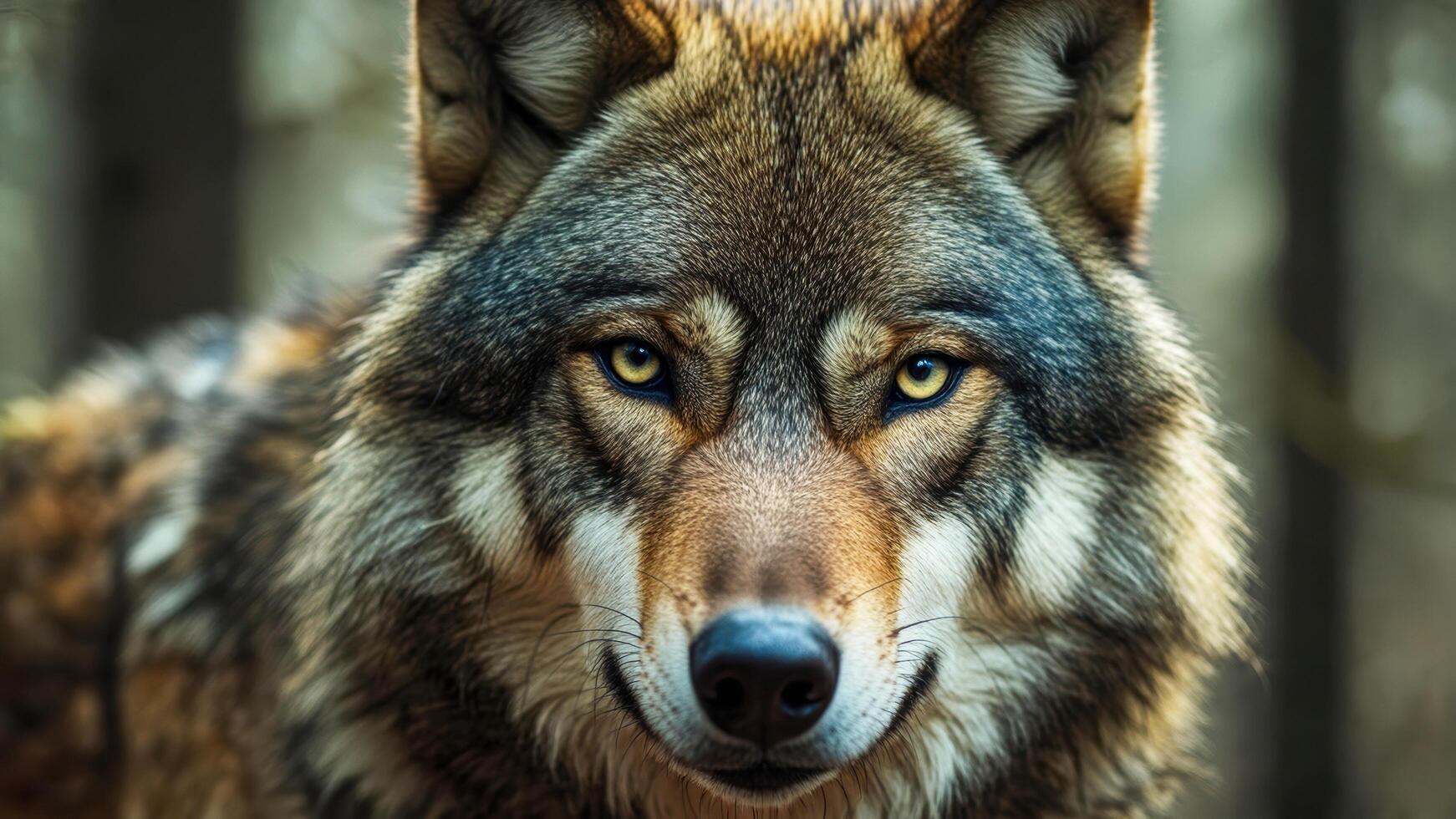 Close-up view of a majestic wolf in its natural habitat showcasing striking features and intense gaze against a blurred forest background during daylight photo