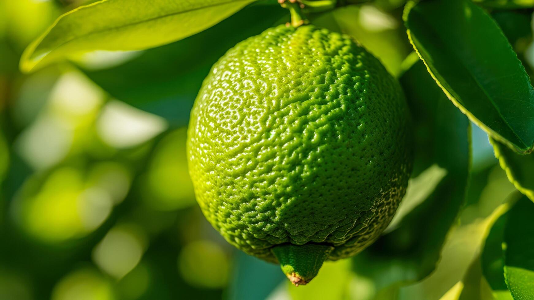 Lime fruit growing on a tree in a sunny garden showcasing vibrant green foliage during summer months in a tropical climate photo