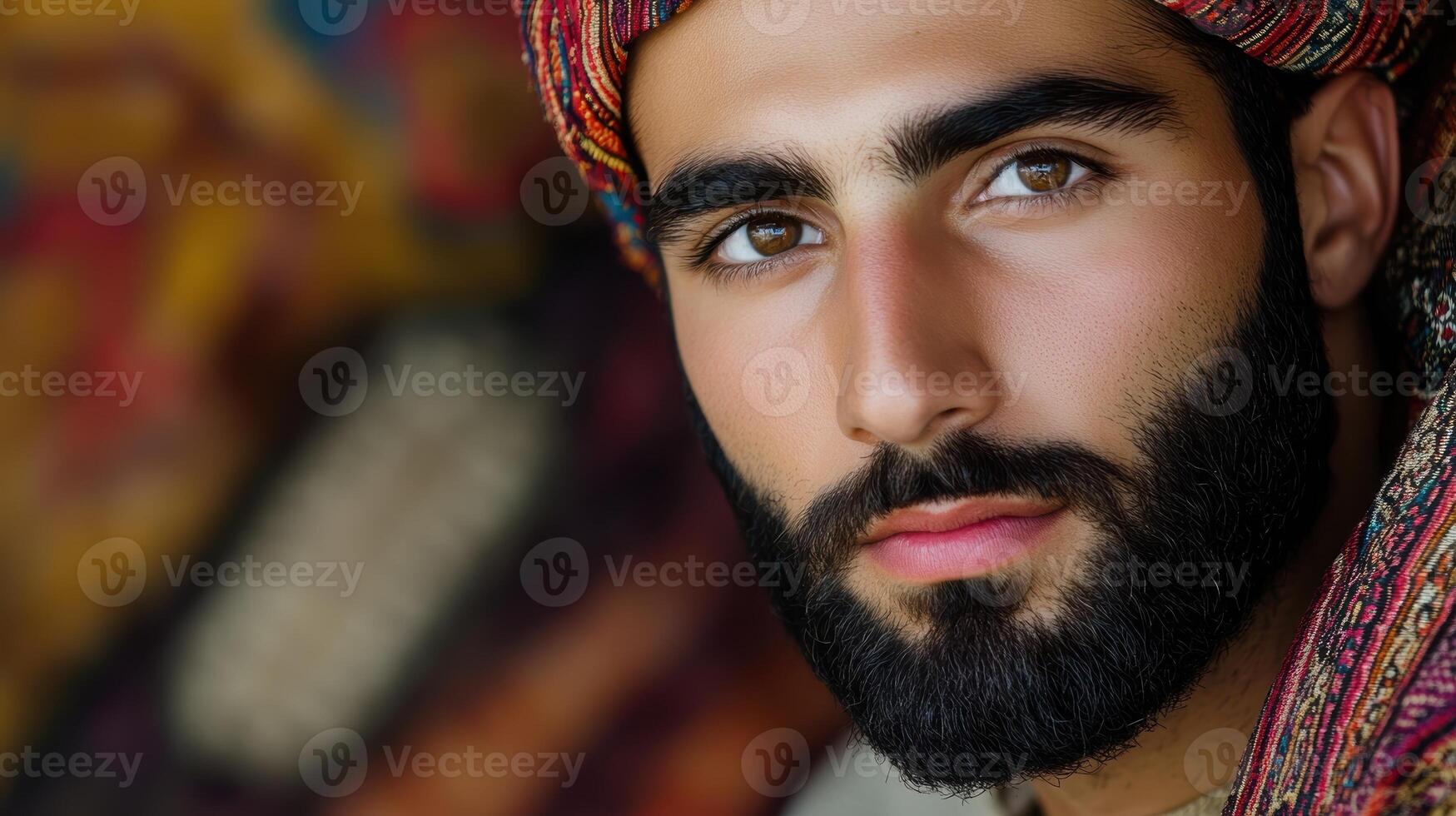Dignified Portrait of a Young Middle Eastern Man with Beard in Traditional Clothing with Smooth Colorful Background photo