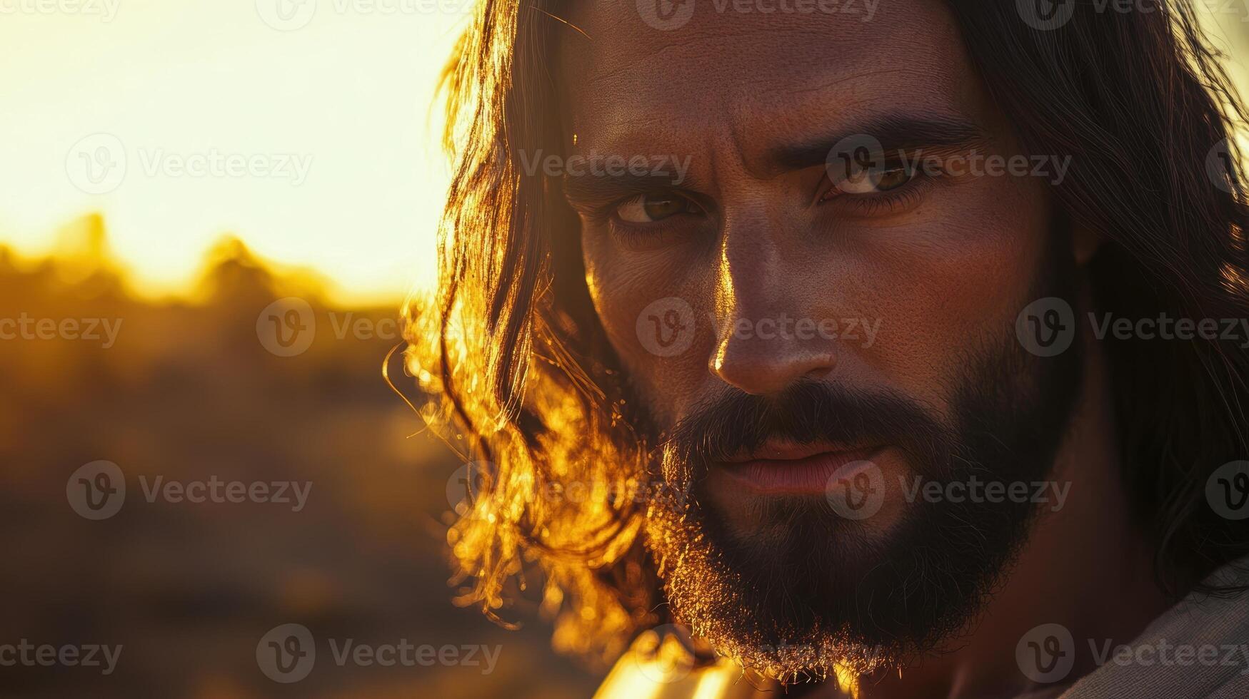 A captivating close-up of Jesus Christ focusing on his deep, reflective eyes, emphasizing serenity and divine contemplation. photo