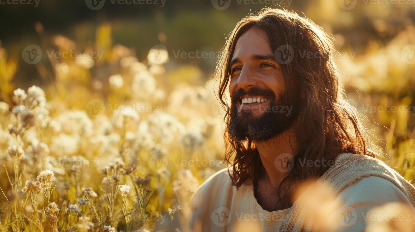 A close-up portrait of Jesus Christ with a gentle smile and expressive eyes, radiating kindness and compassion under soft light. photo