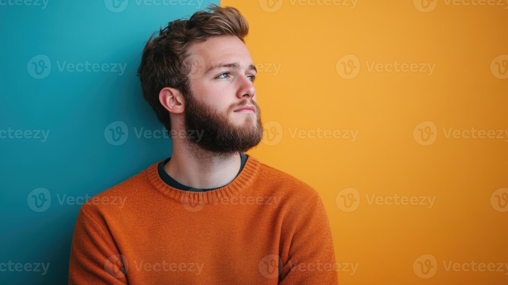 Portrait of a stylish young man with a beard wearing a mustard sweater, set against a vibrant gradient background. photo