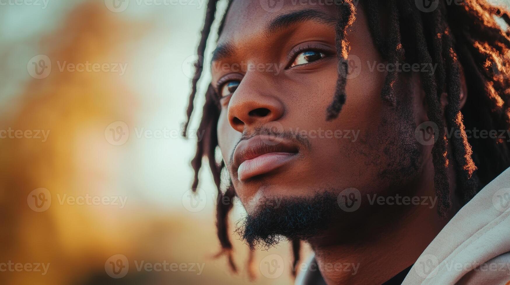 Close-up portrait of a man with dreadlocks, a trimmed beard, and a calm expression, wearing a hoodie against a teal background. photo