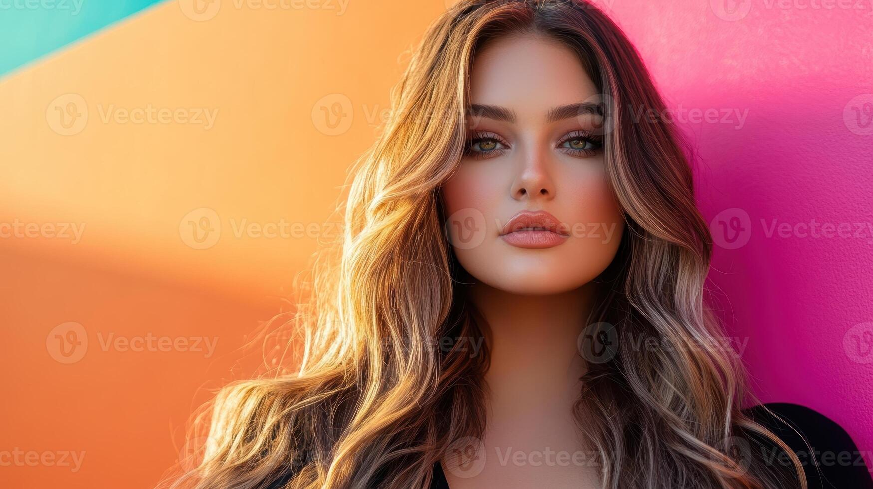 Close-up portrait of a confident woman with flowing wavy hair, soft makeup, and a warm gradient red background, exuding elegance. photo