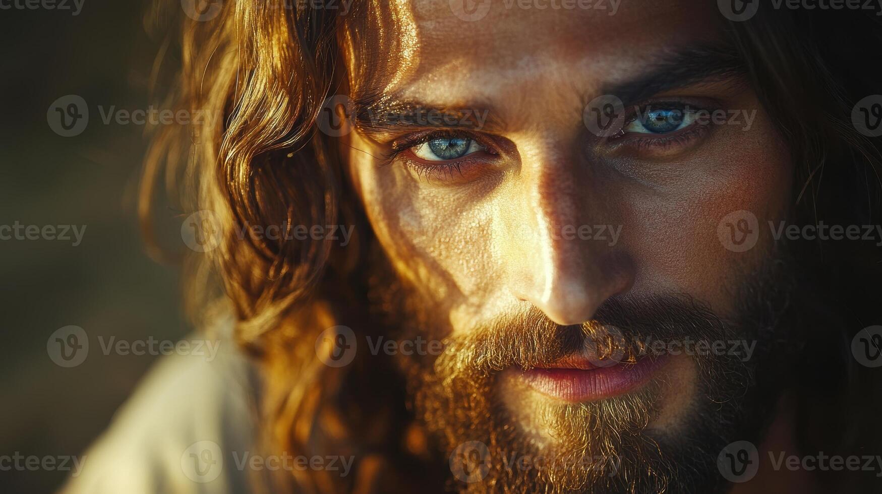 An intense close up portrait of Jesus Christ, highlighting piercing blue eyes, serene expression, and divine presence in warm lighting. photo