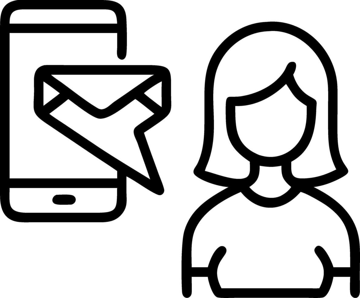 Woman using smartphone with email icon highlights digital communication and workplace efficiency through email tools concept as Highlights workplace communication emphasizing inst Clean vector