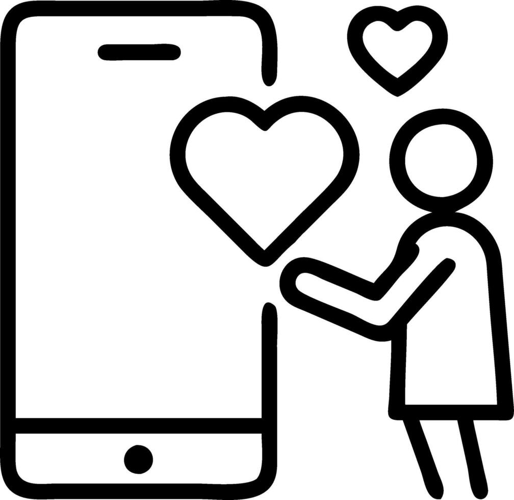 Woman pushes heart icon on smartphone symbolizes love progress and connection in online dating or Valentines Day themes concept as Highlights emotional engagement and the importan Clean vector