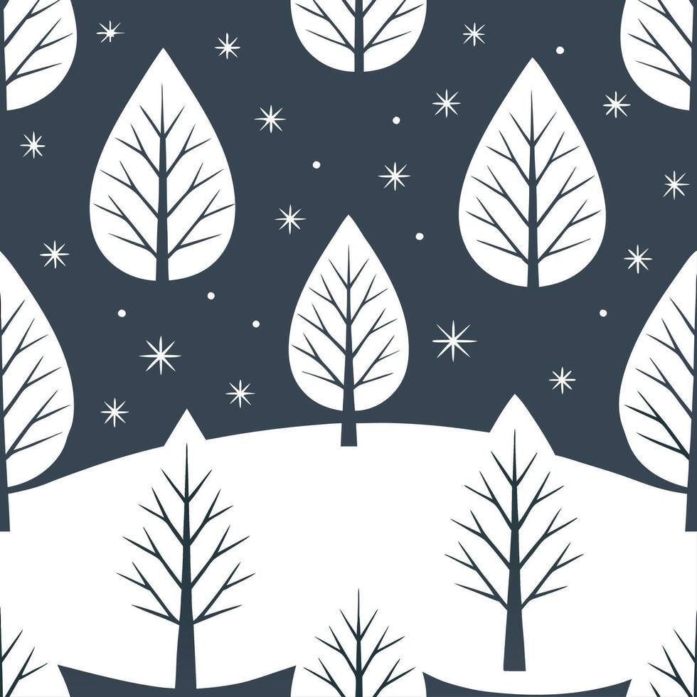 Winter nights seamless pattern with dark sky snowflakes and glowing trees for a mystical winter evening effect concept as Mystical winter night pattern with dark skies snowflakes a Clean Set 2 vector