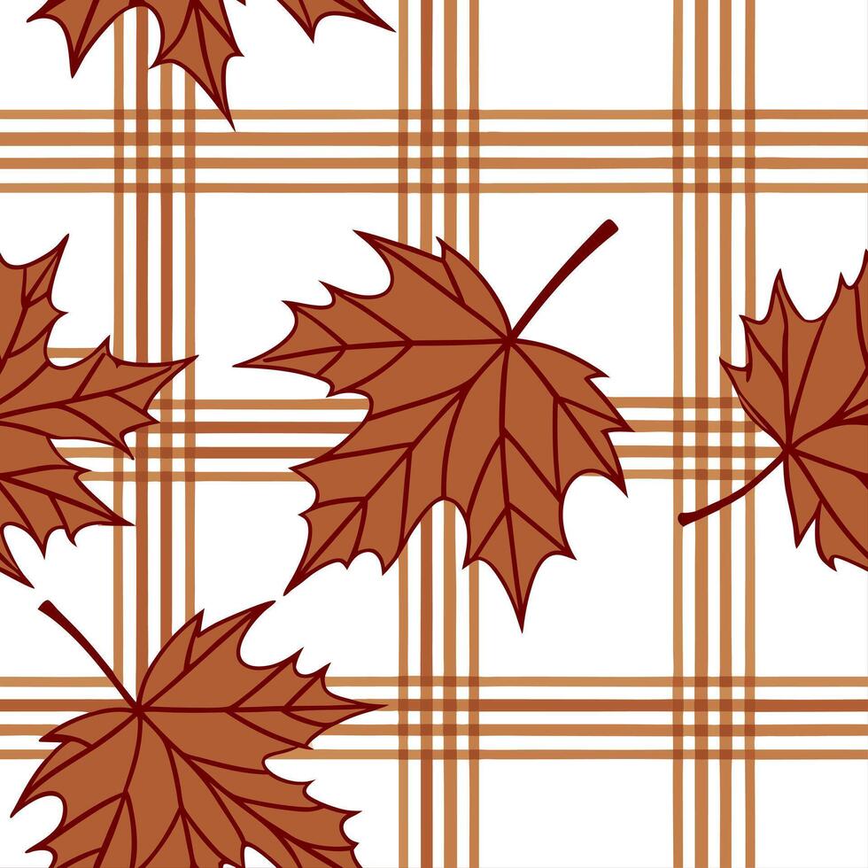 Warm toned plaid and leaves seamless tile pattern with autumn inspired designs concept as Warm toned plaid combined with autumn leaves create a seamless tile pattern inspired by fa Clean vector