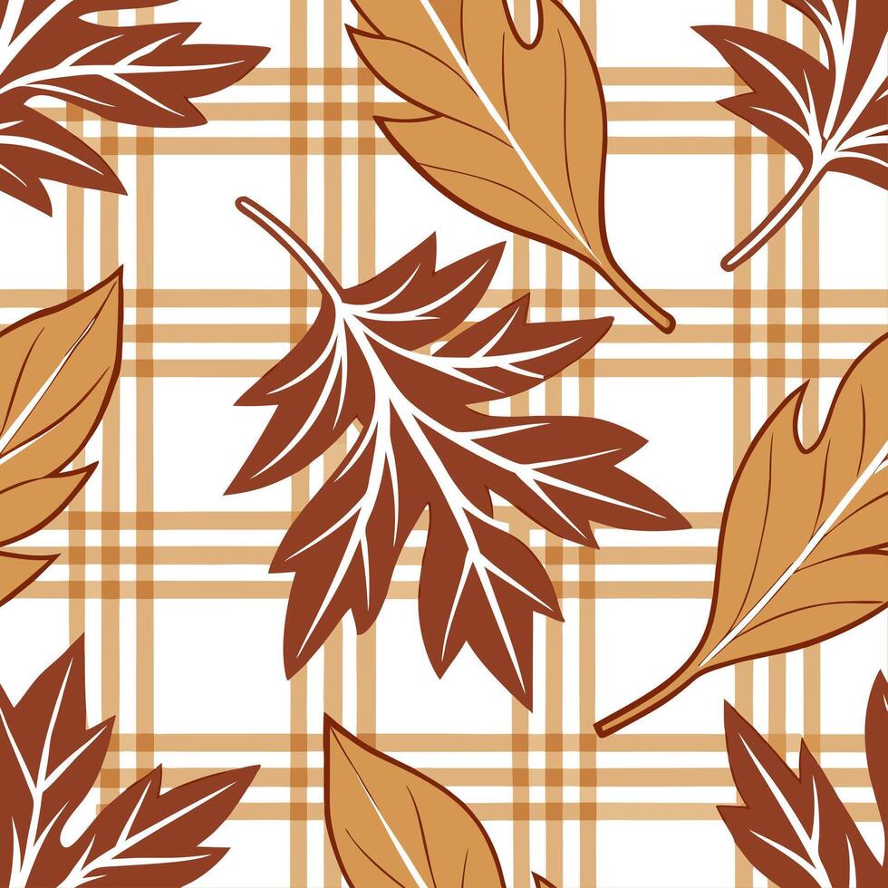 Warm toned plaid and leaf seamless tile pattern with autumn inspired colors and textures concept as Autumn inspired warm tones in plaid and leaf patterns create a cozy seamless til Clean vector