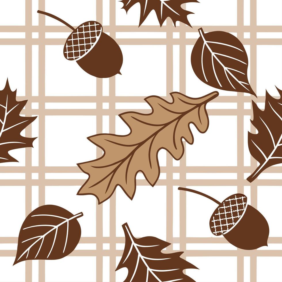 Warm toned autumn plaid and leaf seamless tile pattern with rustic textures concept as Autumn plaid in warm tones combined with leaves create a cozy rustic seamless tile pattern pe Clean vector