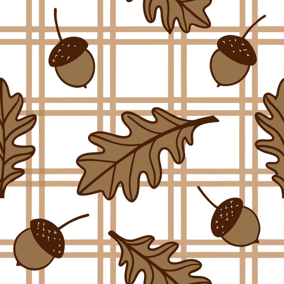 Warm autumn plaid and acorns seamless tile pattern with rustic textures concept as Autumn plaid combined with warm acorns create a rustic seamless tile pattern with cozy textures f Clean vector