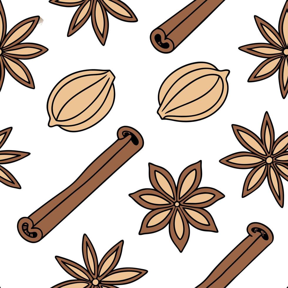 Warm autumn spices seamless tile pattern with cinnamon sticks nutmeg and cloves concept as Cinnamon sticks nutmeg and cloves in warm autumn tones create a cozy spices seamless tile Clean vector