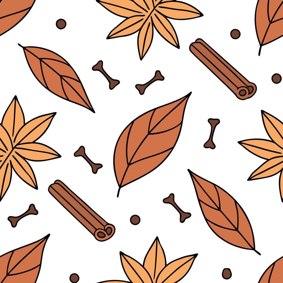 Warm autumn spices and leaves seamless tile pattern with cozy textures and rich colors concept as Autumn spices like cinnamon and cloves paired with leaves create a warm seamless t Clean vector