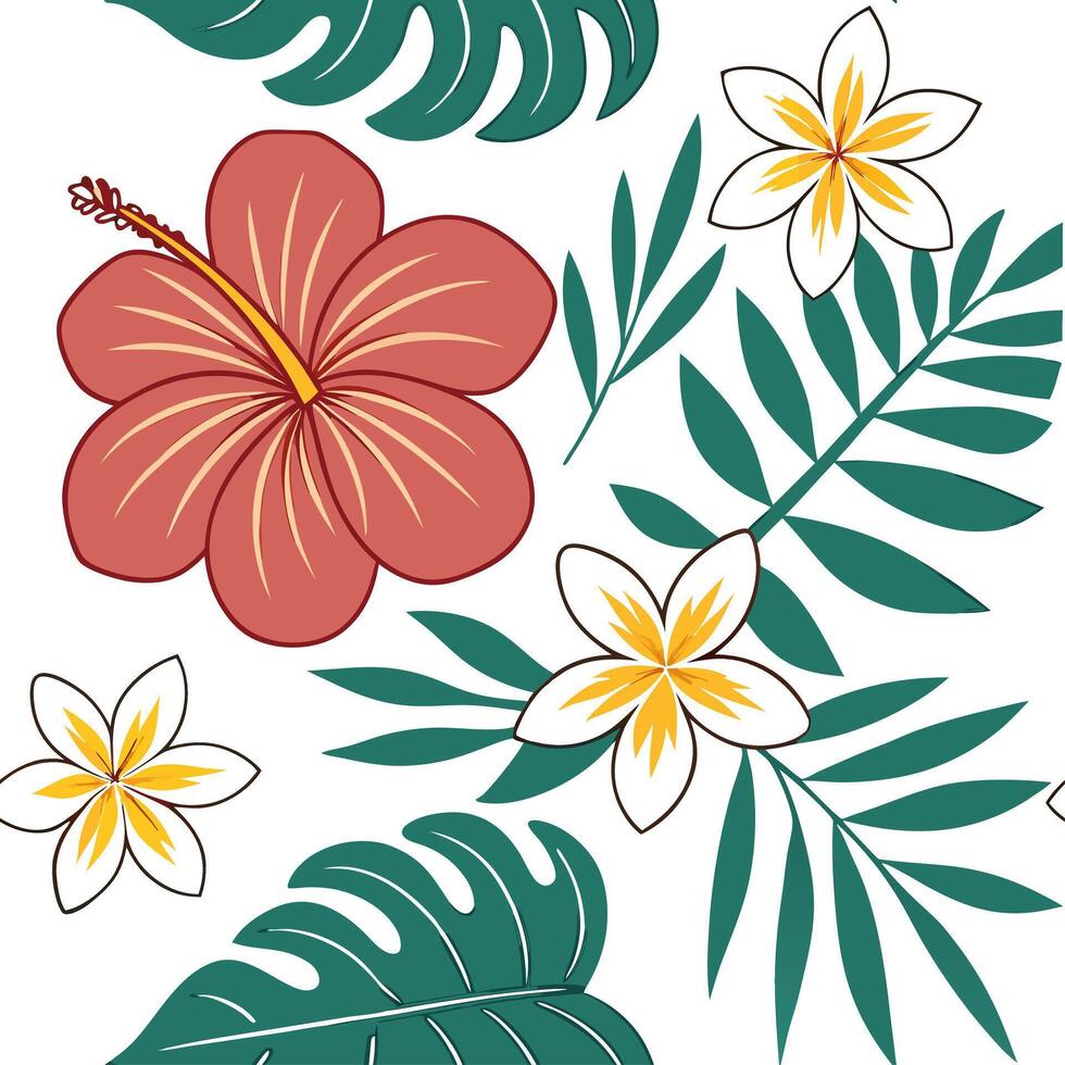 Vibrant tropical flowers seamless tile pattern with hibiscus plumeria and frangipani blossoms concept as Hibiscus plumeria and frangipani blossoms create a vibrant tropical flower Clean vector