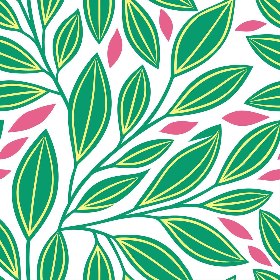 Vibrant spring leaves seamless pattern with bold shapes and bright shades for energetic spring designs concept as Energetic seamless spring leaves pattern featuring bold shapes and Clean Set 2 vector
