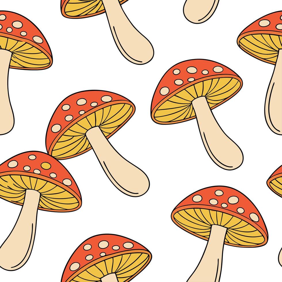 Vibrant autumn mushrooms seamless tile pattern with colorful caps and earthy stems concept as Colorful mushroom caps and earthy stems create a vibrant autumn mushrooms seamless til Clean vector