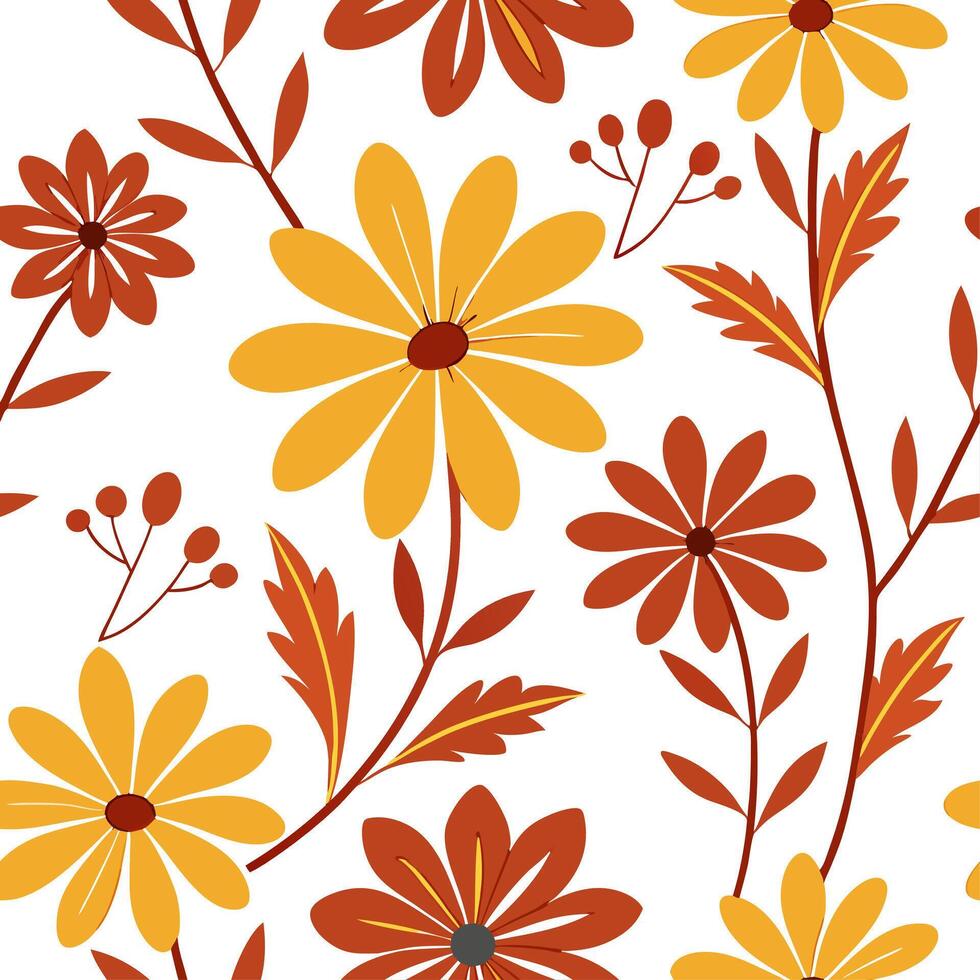 Vibrant autumn flowers seamless tile pattern with bold reds oranges and yellows concept as Bold red orange and yellow autumn flowers create a vibrant seamless tile pattern perfect Clean vector