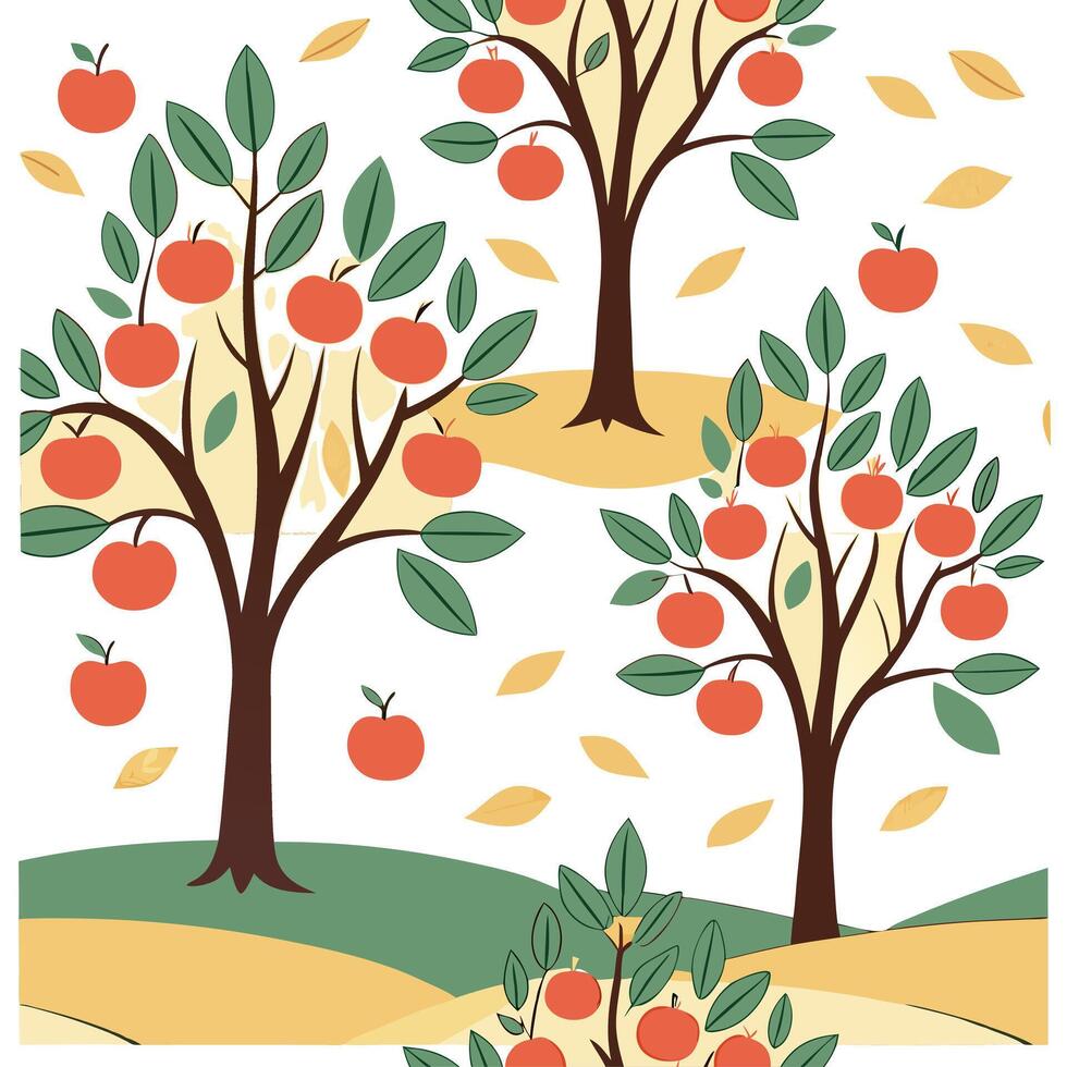 Vibrant apple orchard seamless tile pattern with ripe apples green leaves and autumn hues concept as Ripe apples and green leaves in autumn hues create a vibrant apple orchard seam Clean vector