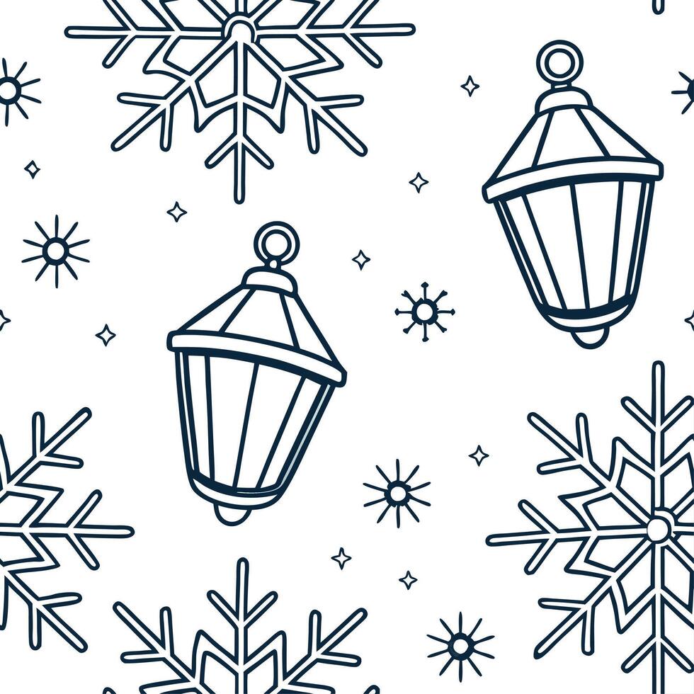 Twinkling snowflake and lantern seamless tile pattern with glowing winter accents concept as Twinkling snowflakes paired with glowing lanterns create a seamless tile pattern with r Clean vector