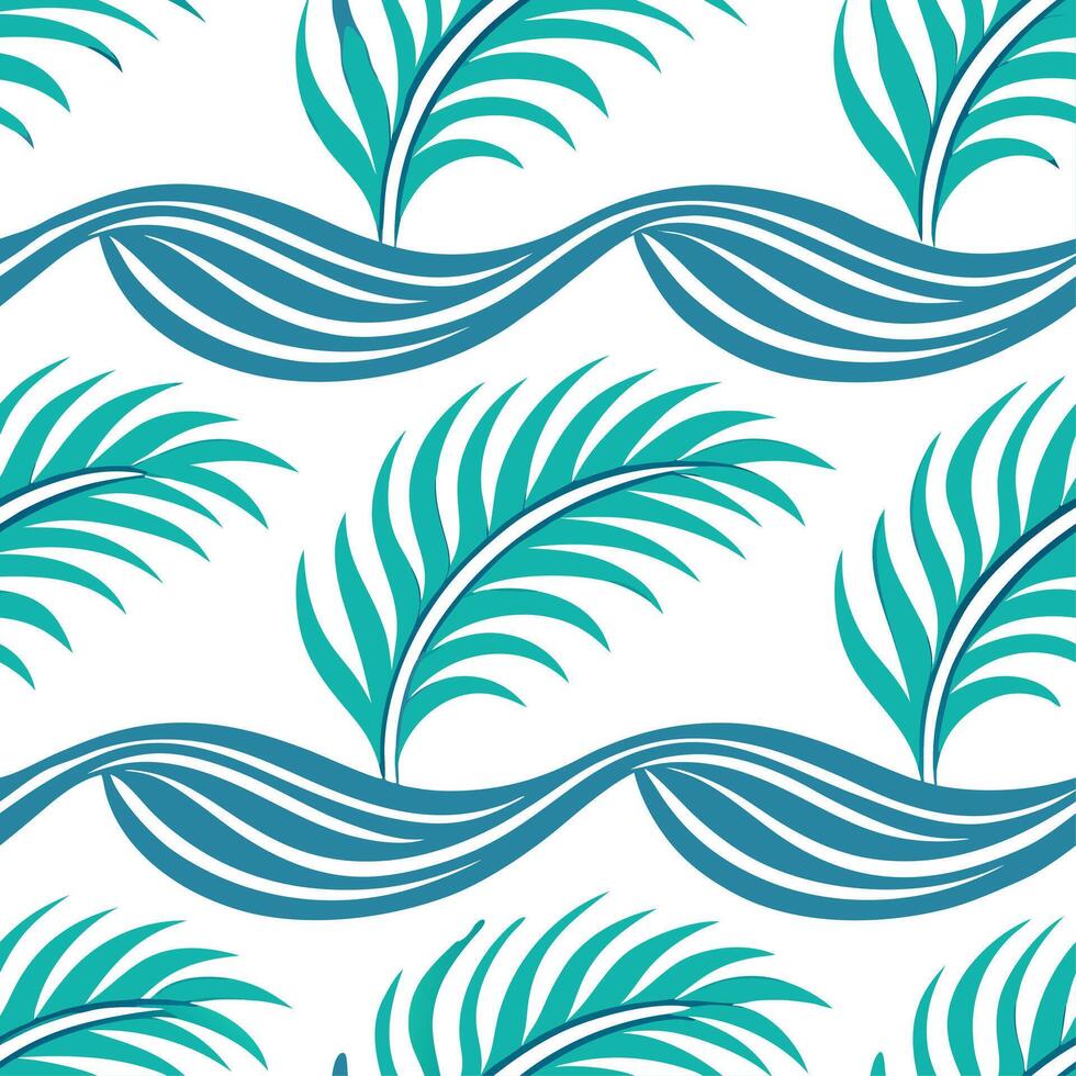 Tropical summer waves seamless pattern with palm leaves and wave textures for exotic beach themed designs concept as Tropical beach wave pattern with palm leaves and wave textures Clean Set 2 vector