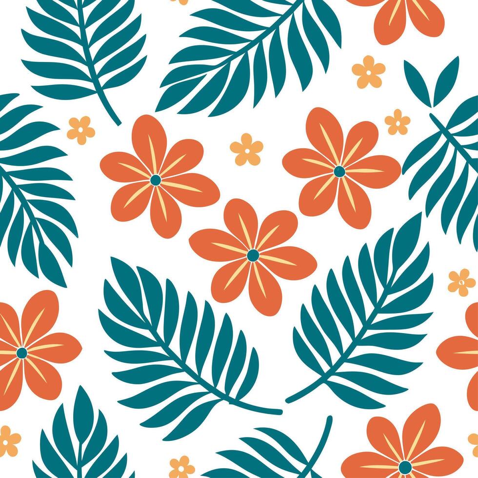 Tropical summer flowers seamless pattern with exotic florals and bright warm hues for an adventurous summer vibe concept as Exotic summer flowers pattern with tropical florals and Clean Set 4 vector