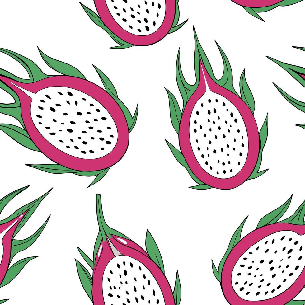 Tropical dragonfruit seamless tile pattern with bright pink green and white hues for a vibrant summer design concept as Bright pink green and white hues from dragonfruit create a t Clean vector