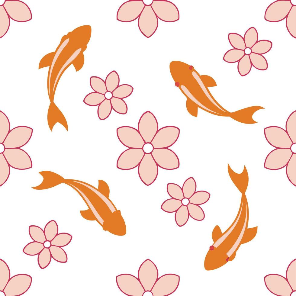Traditional Japanese cherry blossoms and koi fish seamless tile pattern with delicate pinks and vibrant oranges for serene home decor concept as Delicate cherry blossoms and vibran Clean Set 2 vector