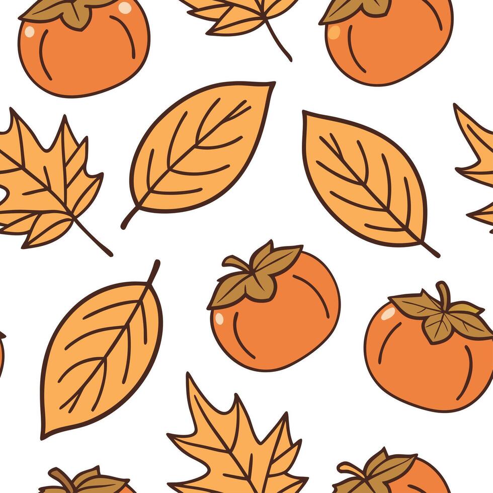 Sweet persimmon seamless tile pattern with bright orange fruits and autumn leaves concept as Bright orange persimmons and autumn leaves create a sweet persimmon seamless tile patte Clean vector