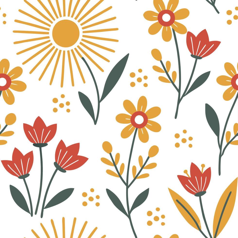 Sun kissed garden flowers seamless tile pattern with golden rays highlighting vibrant blooms concept as Golden sun rays highlight vibrant garden flowers creating a seamless tile pa Clean vector