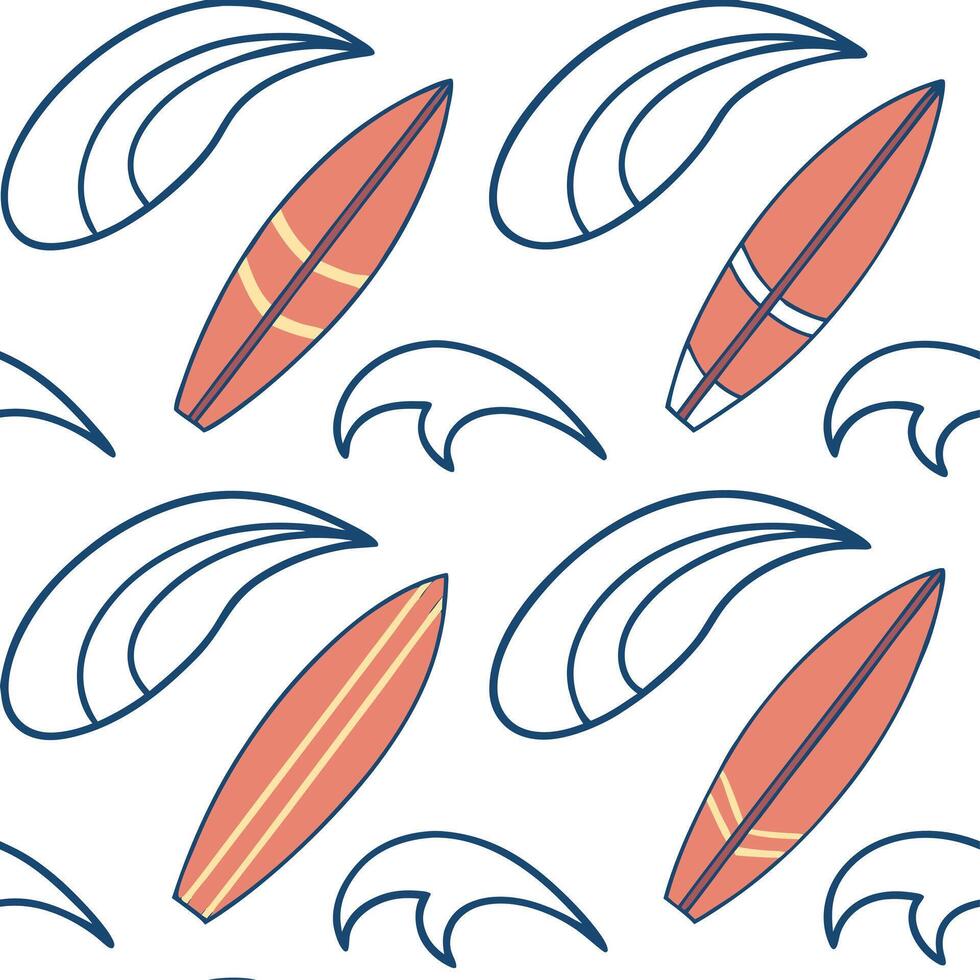Summer surfboards seamless tile pattern with colorful boards and fun beach designs concept as Colorful surfboards and playful beach patterns create a seamless tile design perfect f Clean vector