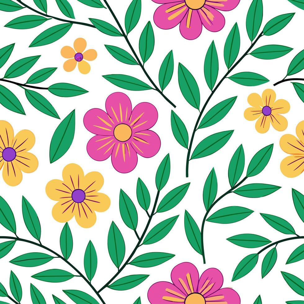Summer flowers seamless pattern with lush green leaves and bright petal colors for a vibrant garden aesthetic concept as Vibrant summer flower pattern with green leaves and colorfu Clean Set 2 vector