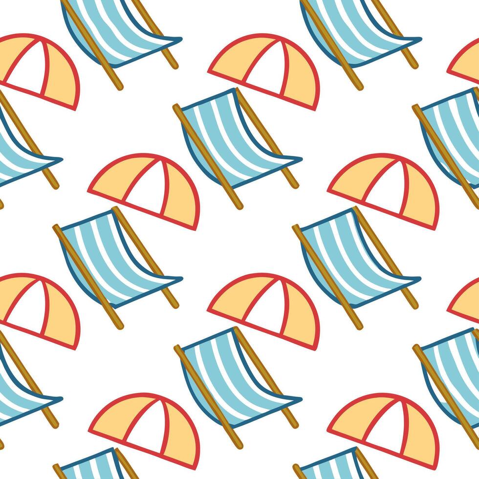Summer bright seamless pattern with colorful umbrellas and beach chairs for a relaxing coastal design concept as Relaxing beach pattern with colorful umbrellas and beach chairs per Clean Set 2 vector