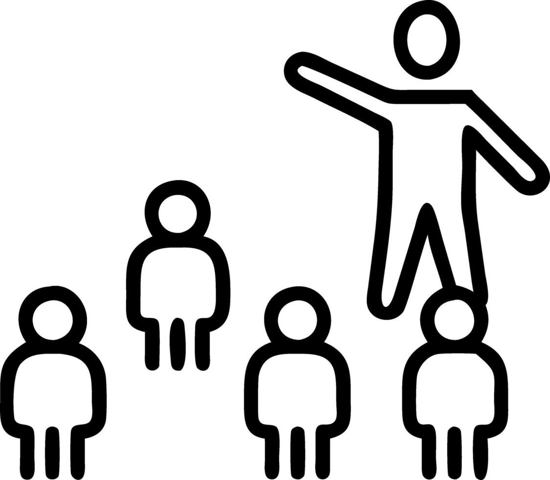 Successful team leader businessman hand chooses standout figure from a crowd symbolizes leadership and vision in team management concept as Highlights leadership qualities and dec Clean vector