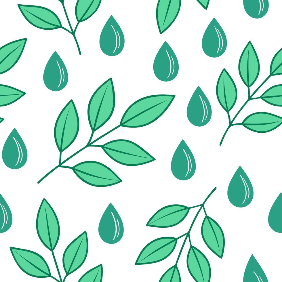 Spring nature seamless pattern with gentle rain droplets on leaves and soft green hues for serene designs concept as Seamless pattern with soft green leaves and gentle rain droplet Clean Set 2 vector