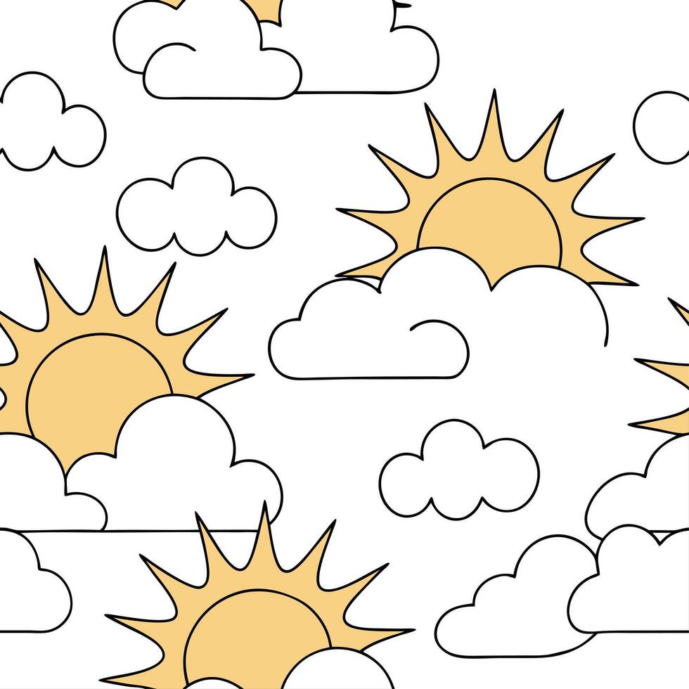 Springtime sun and clouds seamless tile pattern with golden light peeking through the clouds concept as Golden sunlight peeks through fluffy clouds creating a seamless spring patte Clean vector