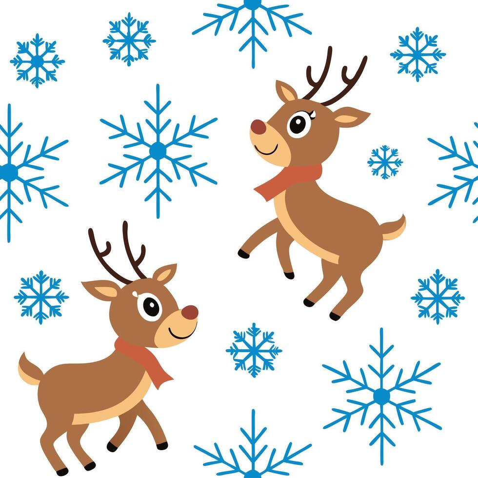 Snowflake and reindeer seamless tile pattern with winter forest elements and cool tones concept as Snowflakes paired with reindeer create a seamless tile pattern with winter forest Clean vector