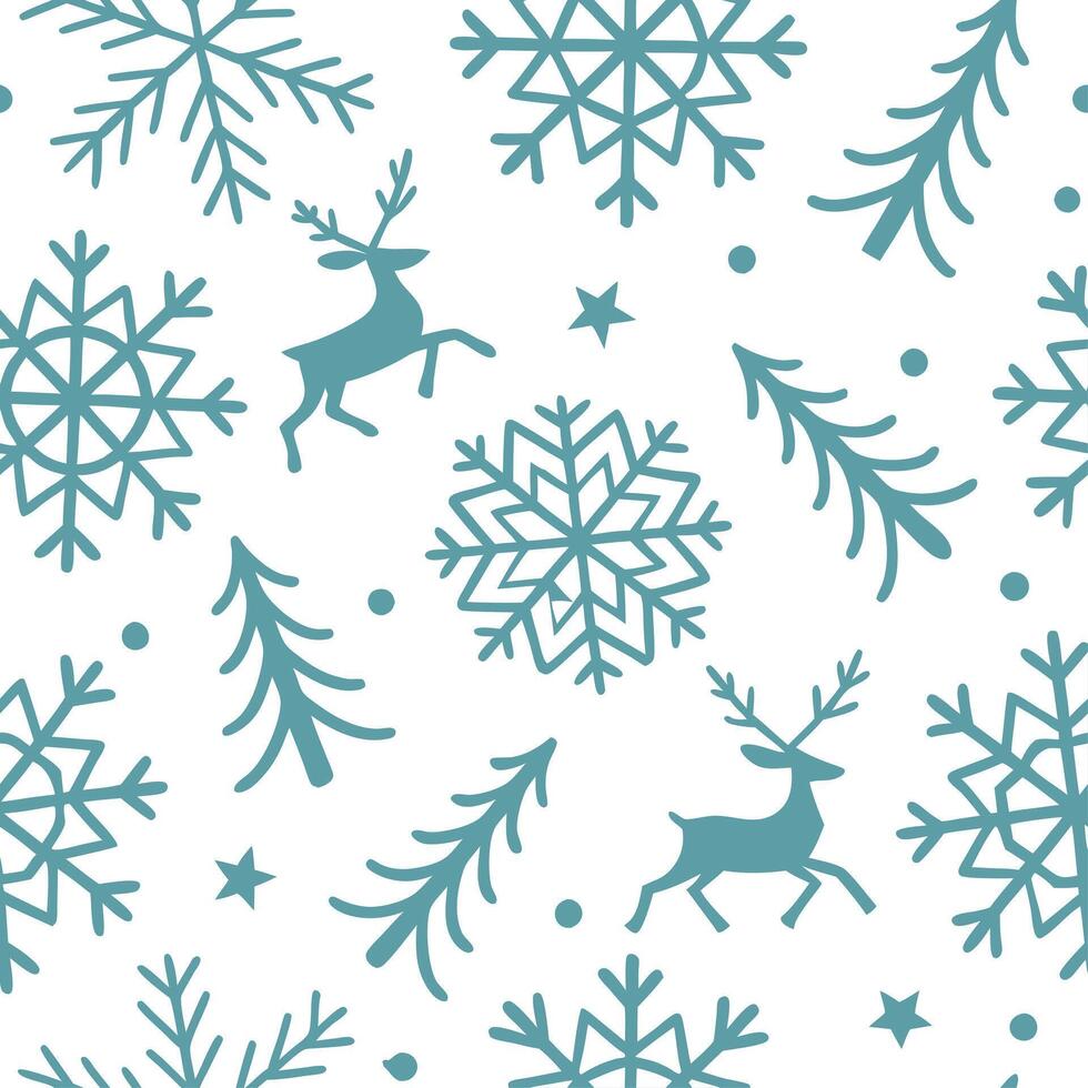 Snowflake and reindeer seamless tile pattern with winter forest elements and cool tones concept as Snowflakes paired with reindeer create a seamless tile pattern with winter forest Clean Set 2 vector