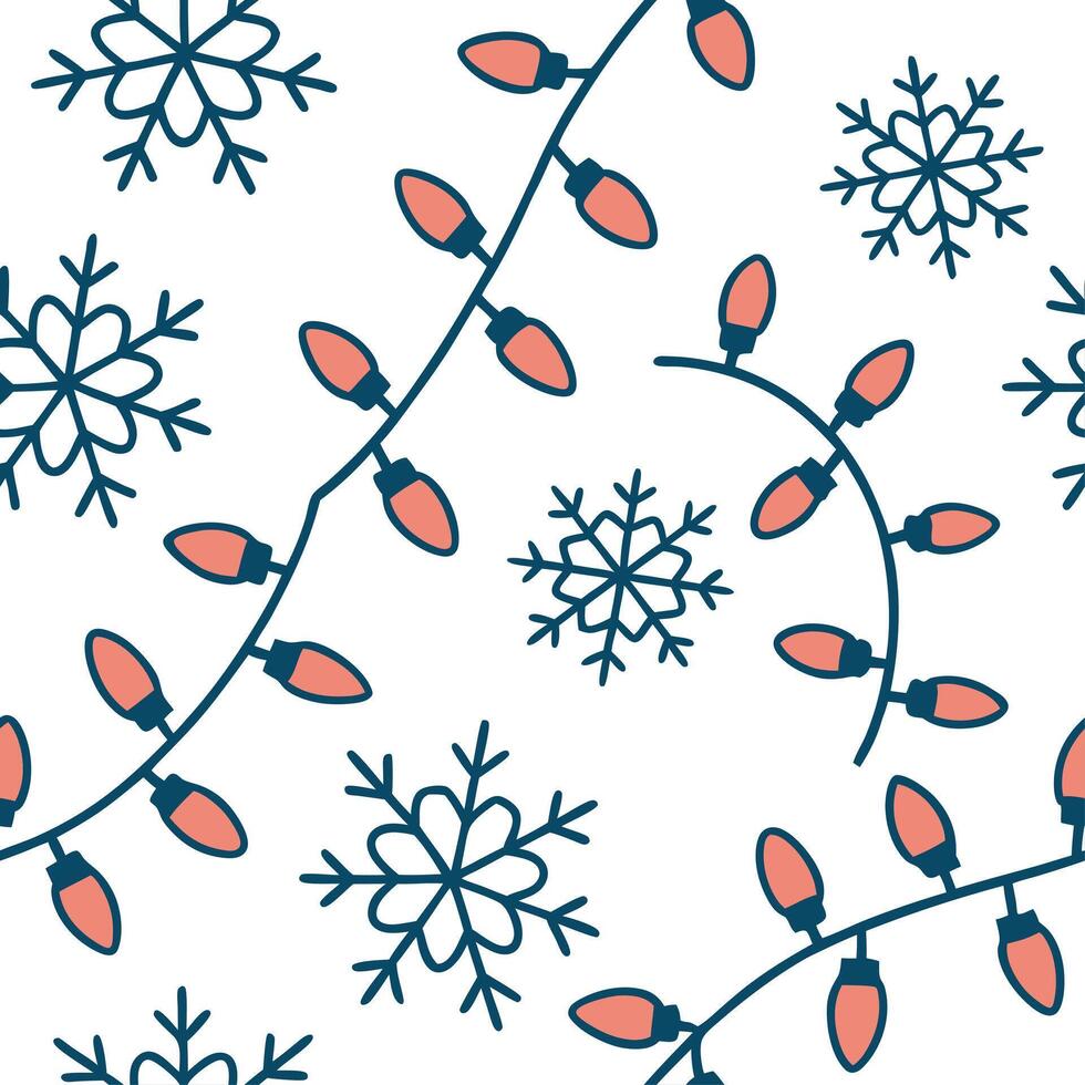 Snowflake and Christmas lights seamless tile pattern with sparkling winter accents concept as Sparkling Christmas lights paired with snowflakes create a seamless tile pattern with Clean vector