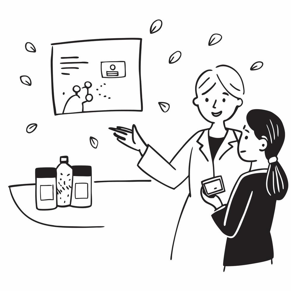 Skincare Specialist Explaining Benefits of Serums in Spa with Copy Space concept as Wide shot of a skincare specialist explaining the benefits of serums to a client in a luxurious Clean Set 2 vector