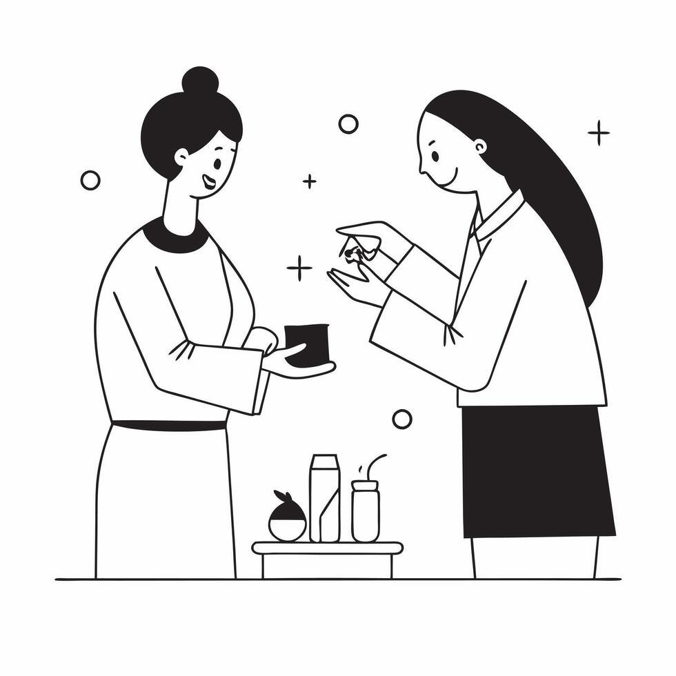 Skincare Consultant Explaining Moisturizer Benefits in Spa with Copy Space concept as Mid shot of a skincare consultant explaining the benefits of a moisturizer to a client in a lu Clean vector