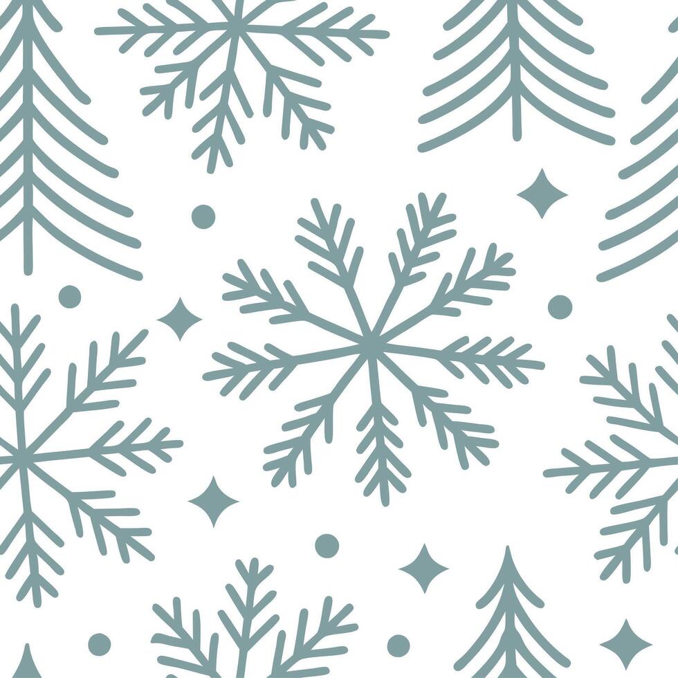 Scandinavian snowflakes and pine trees seamless tile pattern with cool tones and minimalist designs for modern decor concept as Cool toned snowflakes and pine trees arranged seamle Clean Set 2 vector