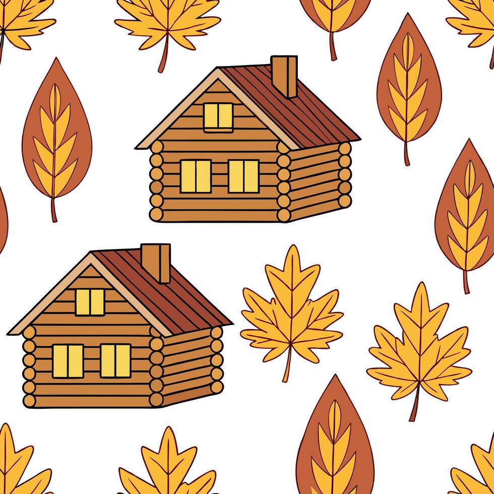 Rustic wooden cabin seamless tile pattern with warm lights and autumn foliage concept as Warm lit rustic cabins surrounded by autumn foliage create a seamless tile pattern perfect Clean vector