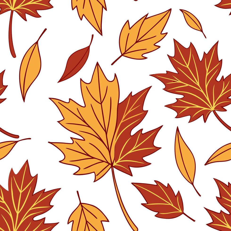 Rich autumn colors seamless tile pattern with falling leaves vibrant oranges reds and browns concept as Falling leaves in vibrant oranges reds and browns create a rich autumn color Clean vector