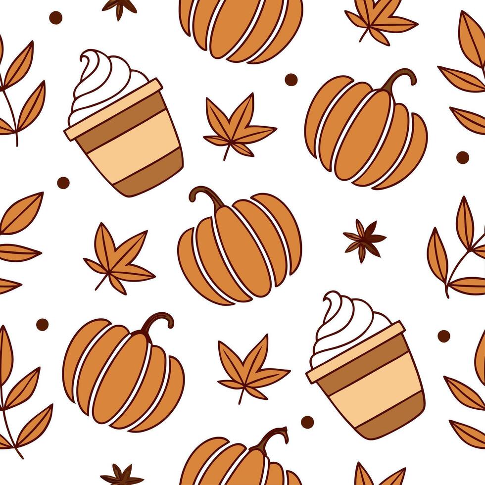 Pumpkin spice latte seamless tile pattern with autumn inspired colors and cozy vibes concept as Warm pumpkin spice latte motifs in autumn colors create a cozy seamless tile pattern Clean vector