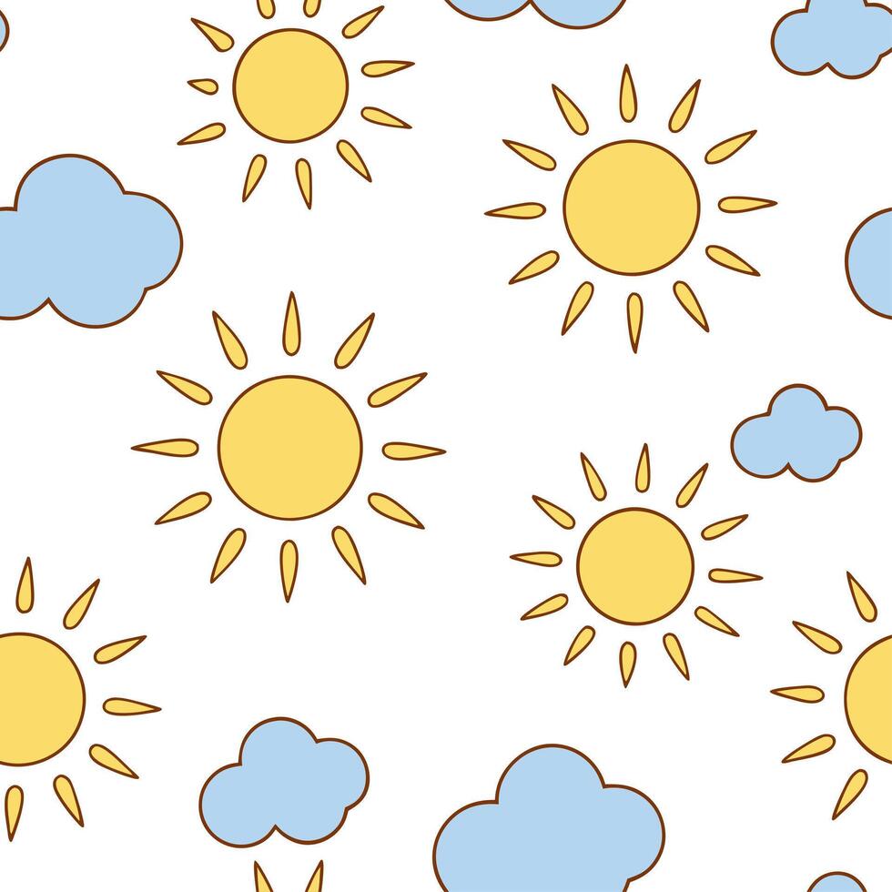 Playful spring sunshine seamless pattern with bright rays and whimsical clouds for fun energetic designs concept as Fun spring sunshine pattern with bright rays and whimsical cloud Clean Set 2 vector