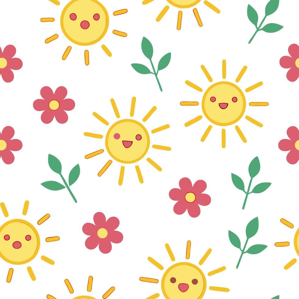 Playful spring sunshine seamless pattern with bright rays and whimsical clouds for fun energetic designs concept as Fun spring sunshine pattern with bright rays and whimsical cloud Clean Set 6 vector