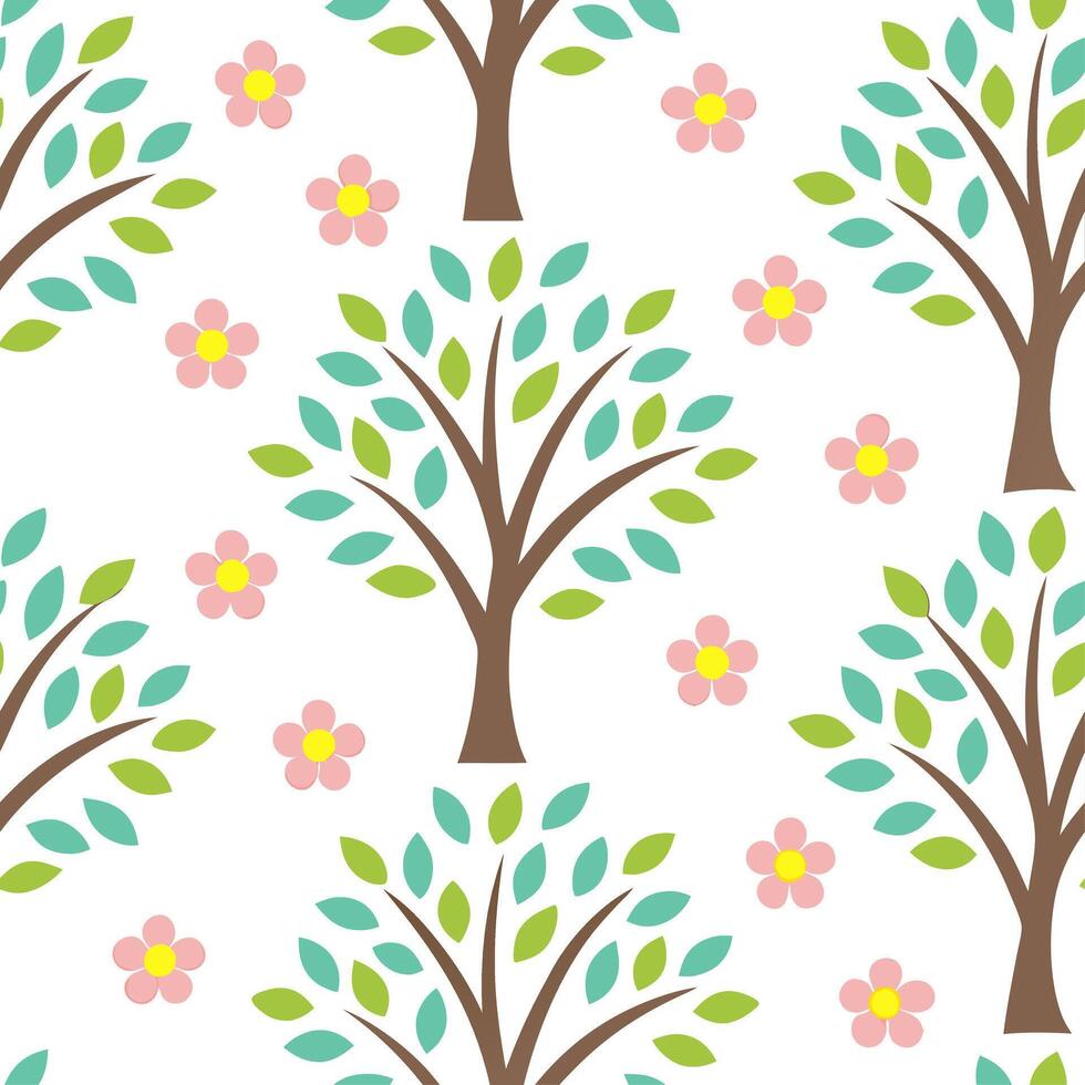 Playful spring nature seamless pattern with whimsical tree shapes and colorful blossoms for cheerful designs concept as Whimsical tree and flower patterns with colorful blossoms pe Clean Set 4 vector
